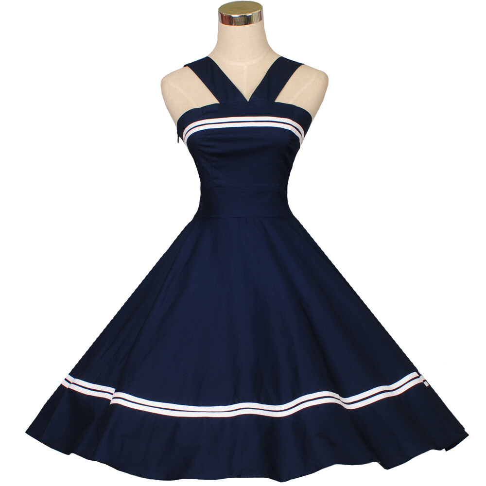 Vintage 50s 60s Retro Rockabilly Swing Dress Ball Pinup Cotton Dresses Navyblue