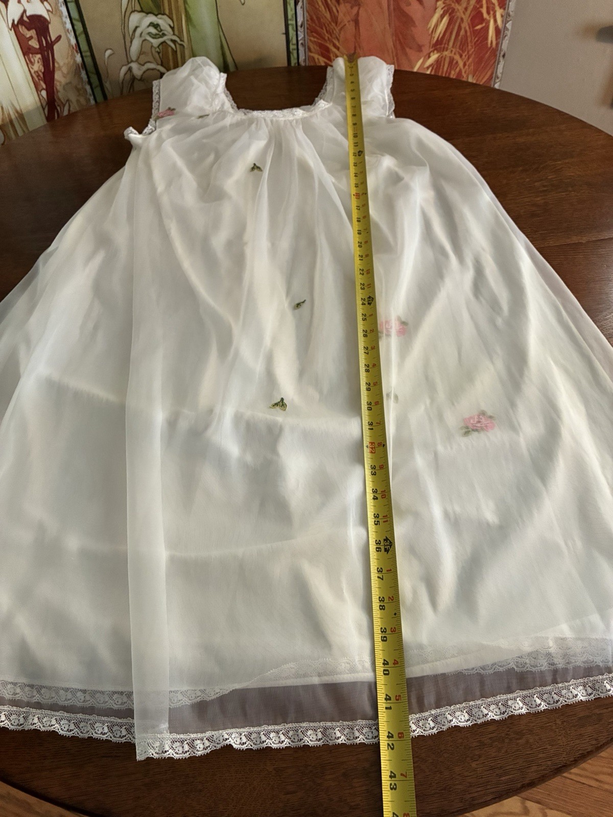 Vintage White Laros Nylon Nightgown Flower Appliqués Size Med Cut # 125