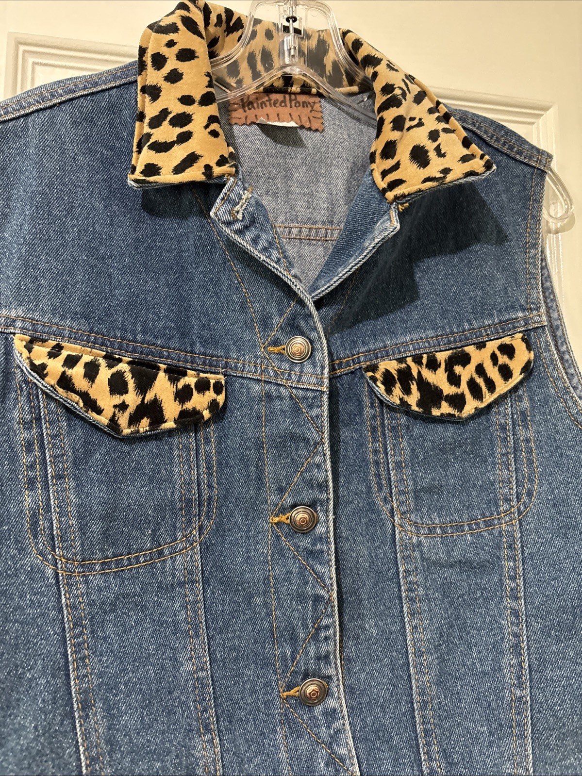 Painted Pony Denim Vest Faux Cheetah Print Size Large Texas Retro Y2K Western