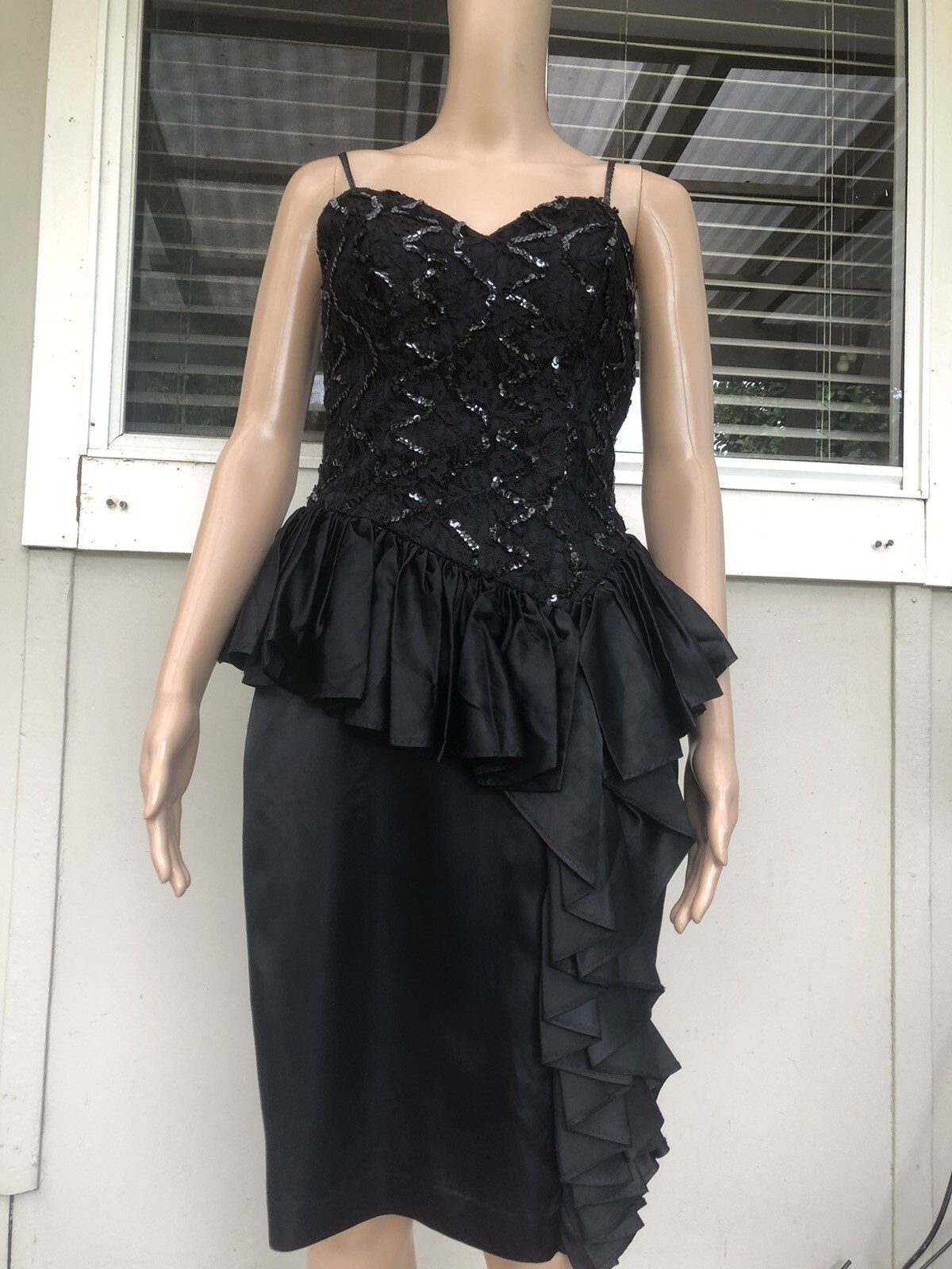 Vtg 80s Glenrob USA Black Sequin Strappy Cocktail Party Evening Dress S
