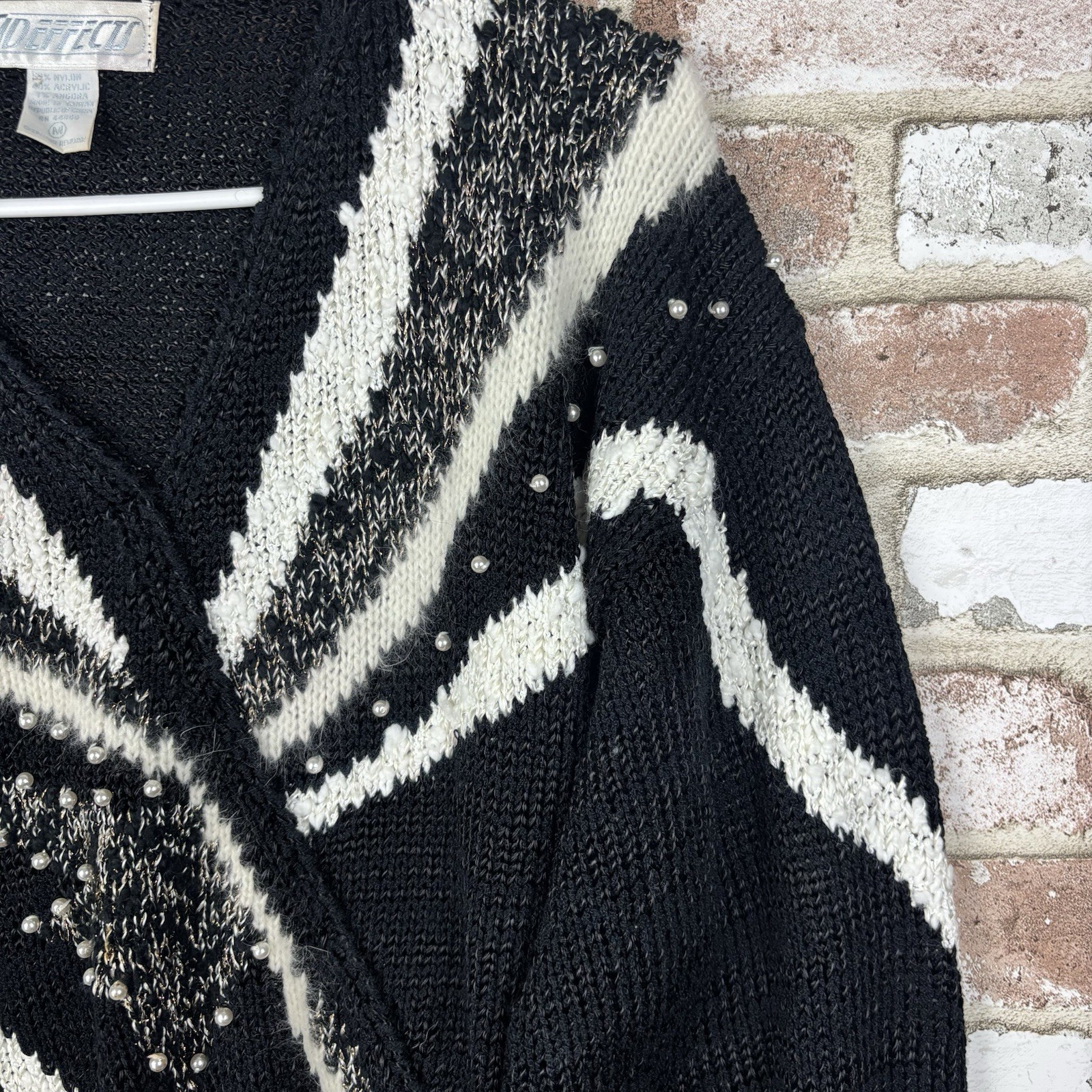 Vtg 80s Pearl Angora Blend V-Neck Sweater SIDE EFFECTS Women M Retro Glam