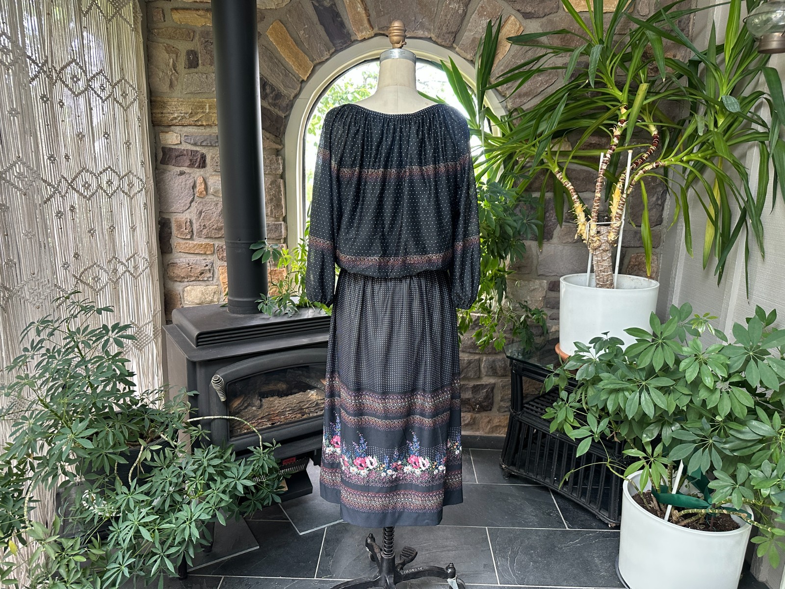 Vintage 1970s Black Floral and Polka Dot Knit Dress Liz Roberts Inc