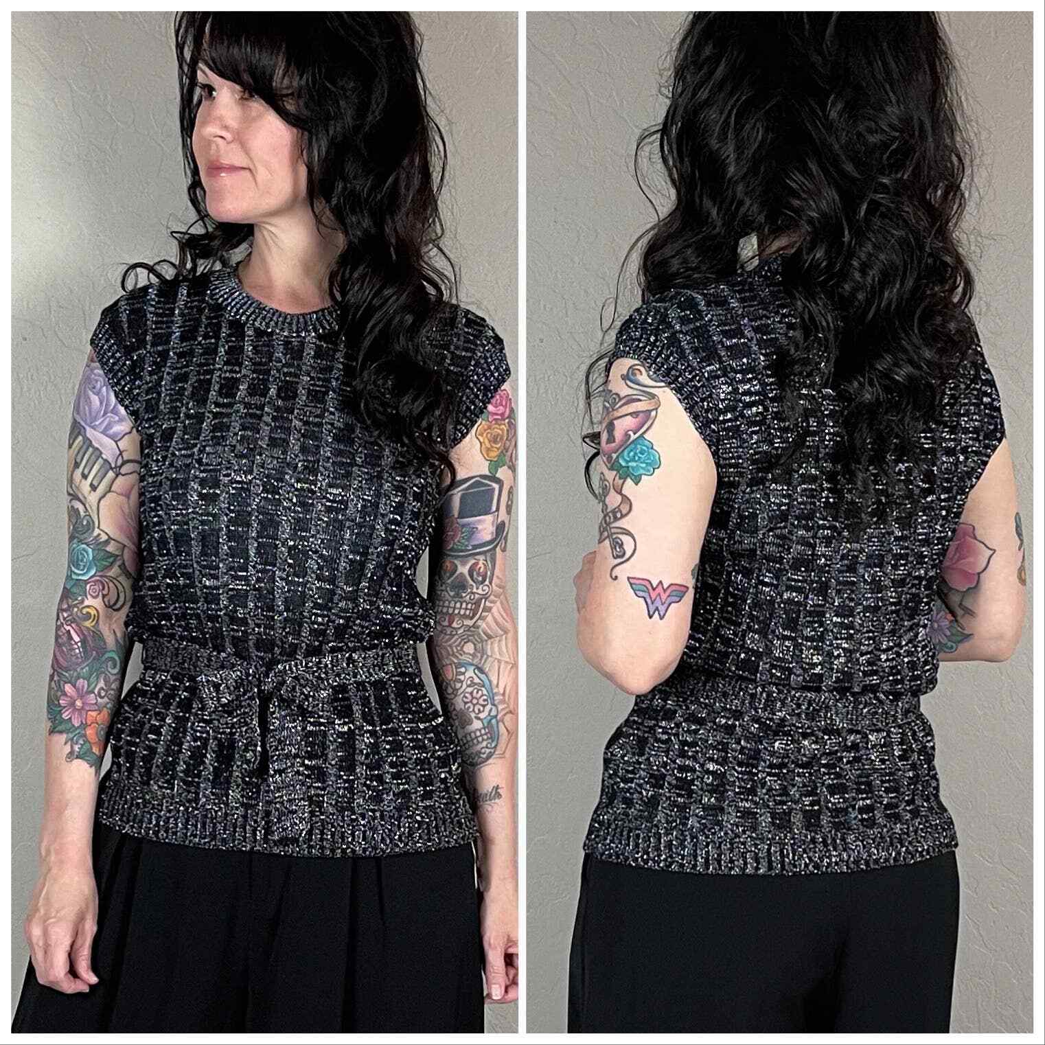 Vintage 1970s Black and Silver Sleeveless Belted Sweater – S/M