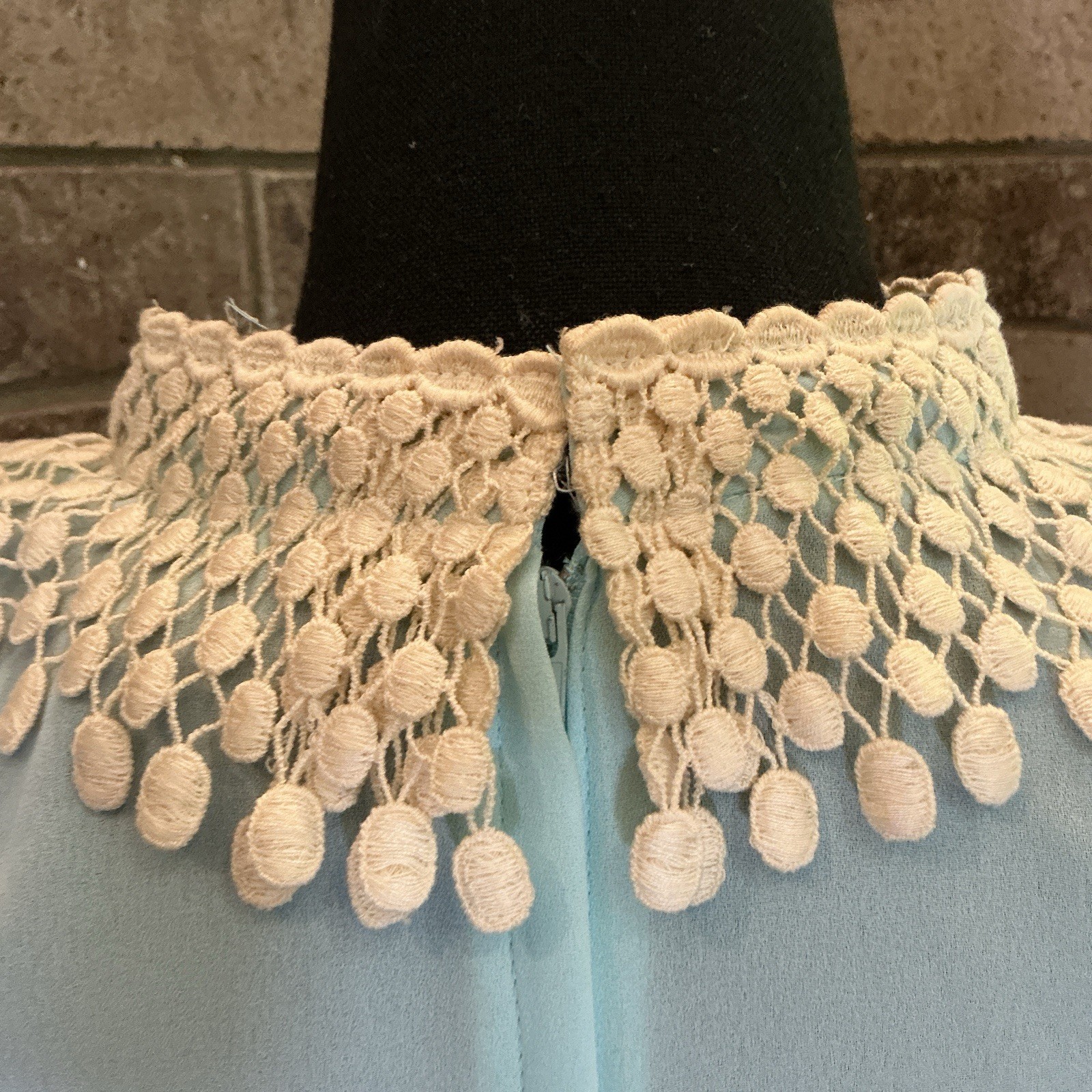 VTG Leslie Fay Petites Sz 14P Dress Mint Green Crochet Fringe Collar Peplum #41F