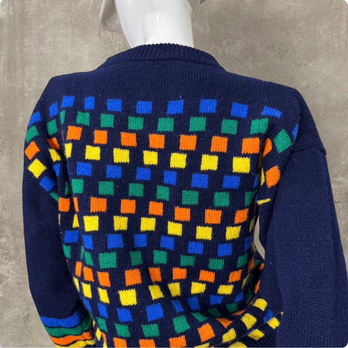 Vintage 80s 100% Wool Knit Sweater Navy Geometric Rainbow Made in Scotland S/M