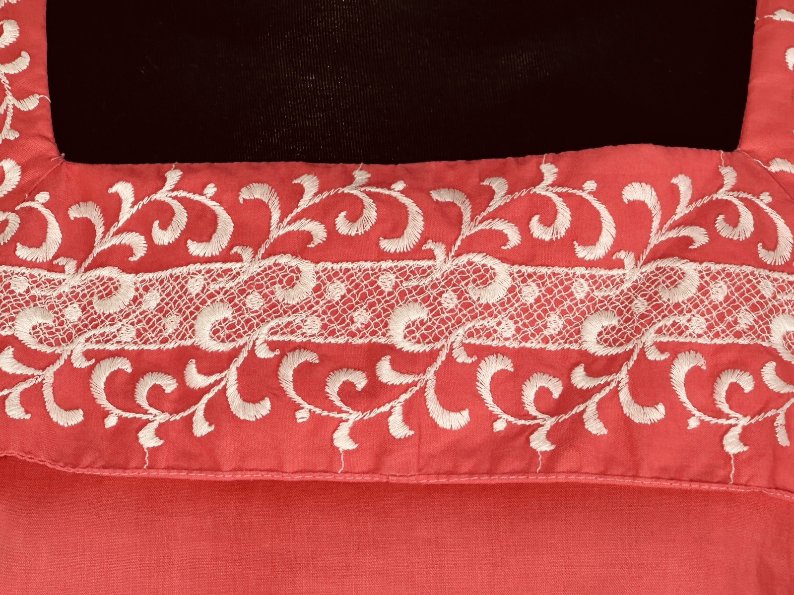 Vintage 50s Coral Fit & Flare Day Dress Embroidered Square Collar Pat Perkins