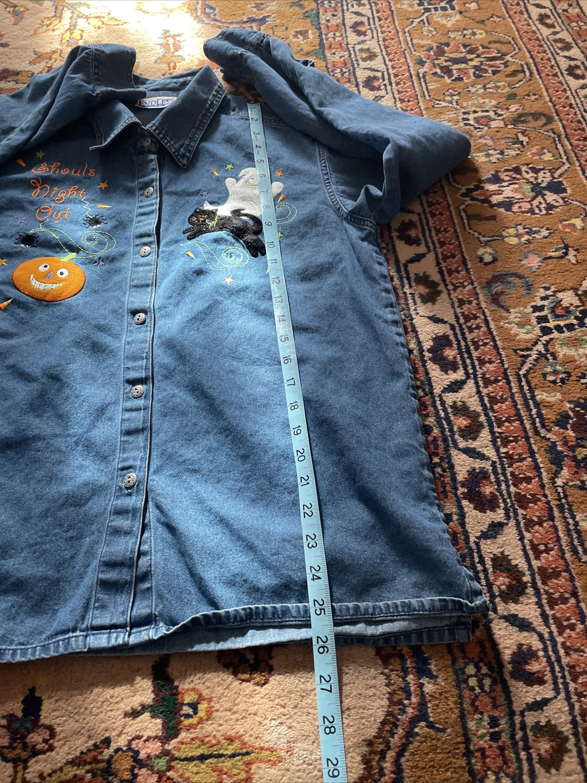 Endless Designs Denim Button Up “Ghouls Night Out” Vintage Halloween Shirt M