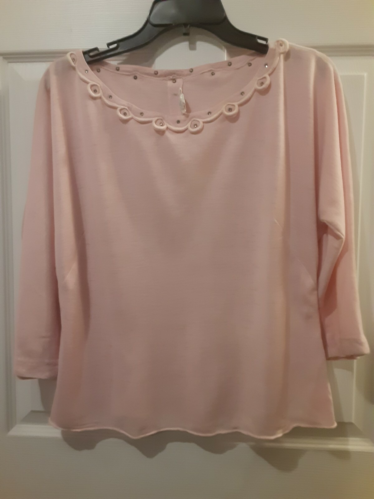 Vtg Blouse Top Weber Pink Acrilan Scoop Neck Sz 34 Rhinestones