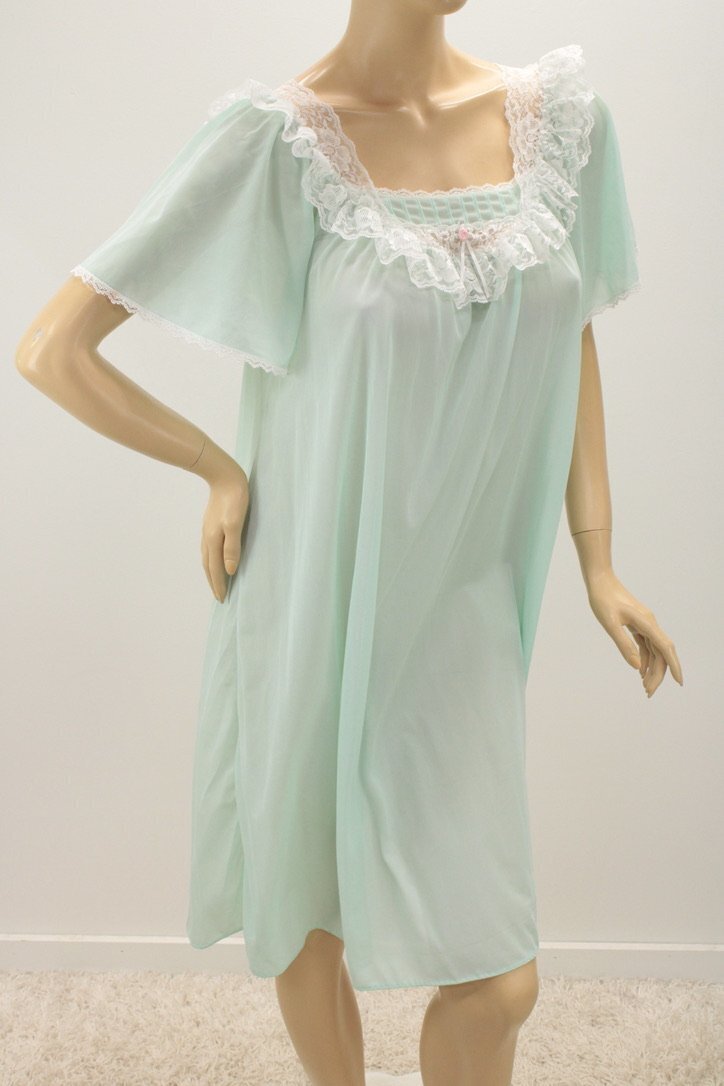 Vintage Carriage Court Nightgown XS S M L Green Nylon Ruffle Lace USA