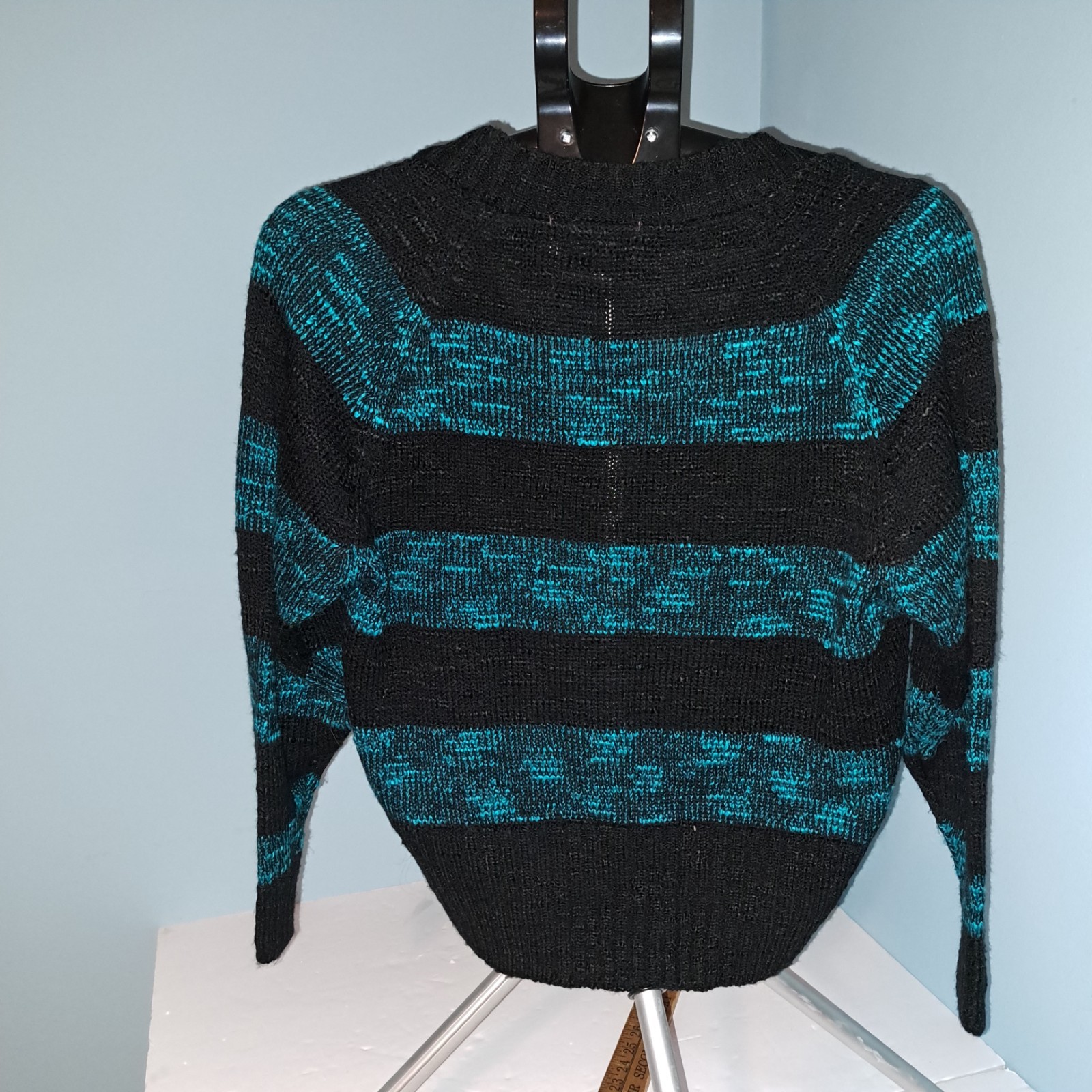 Vintage SPICE OF LIFE 80s Teal/black Striped Faux Wrap Sweater L