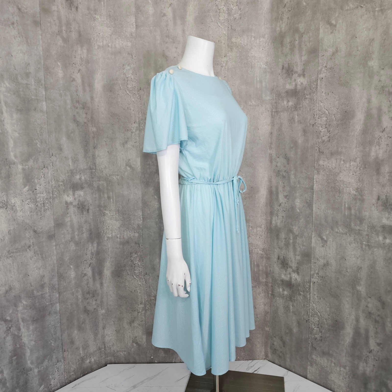 Vintage 70s 80s Baby Blue Disco Dress Midi Flutter Sleeve Secretary Glam M