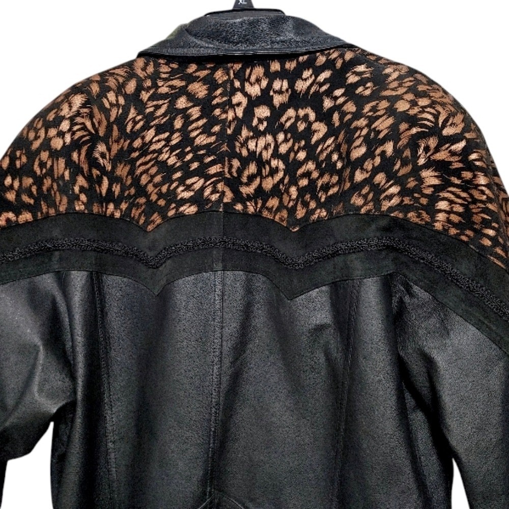 Vintage 80s JF J Ferrar Black Leopard Print Leather Suede Trench Coat Size Large