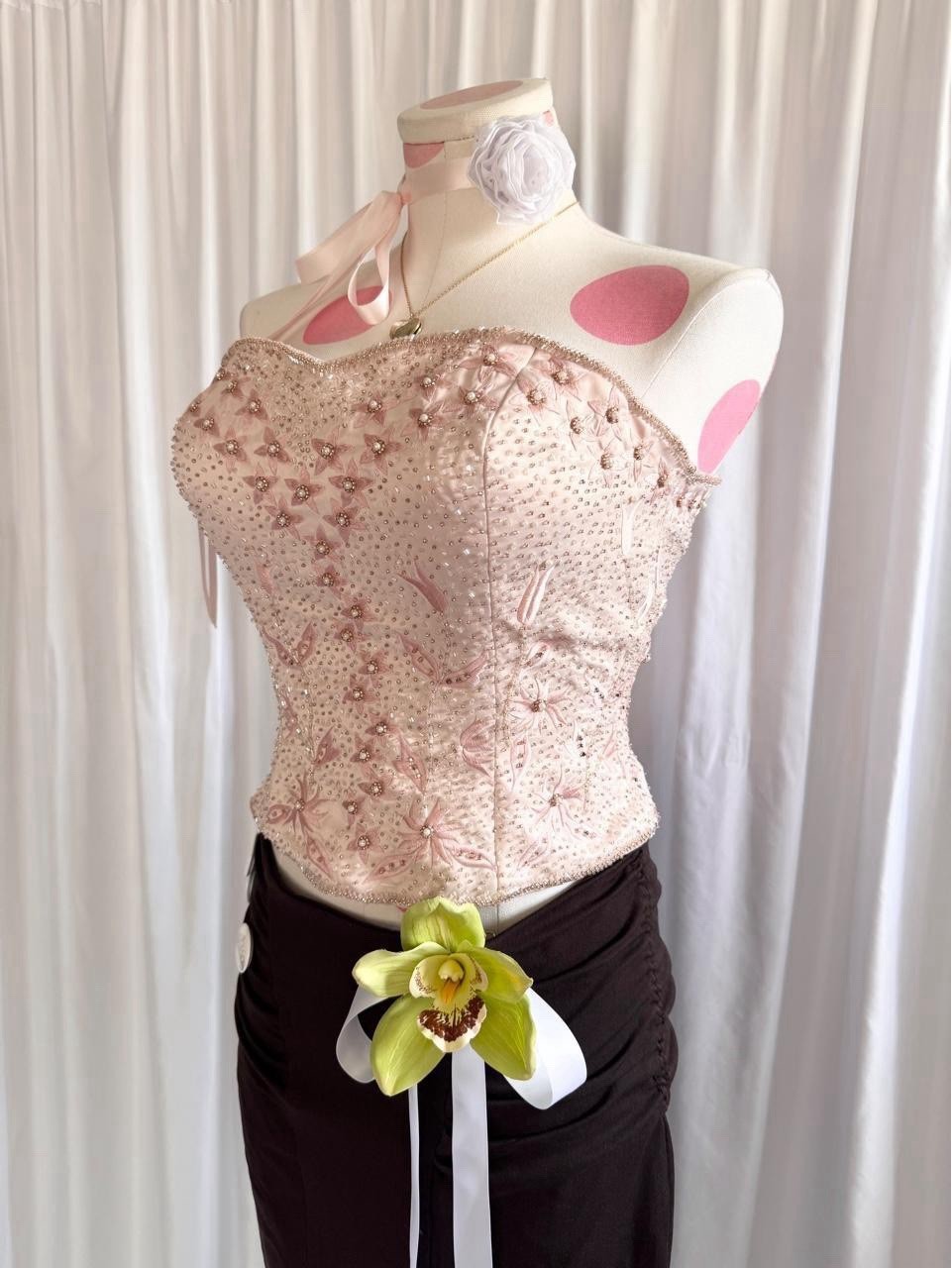 Vintage Y2K Baby Pink Pearl Beaded Satin Formal Corset Bustier Top Alyce Size M