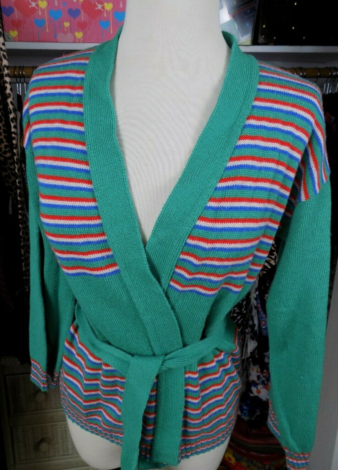 Vintage Sears Mates Junior Bizaar Green Red White Blue Striped Cardigan Medium