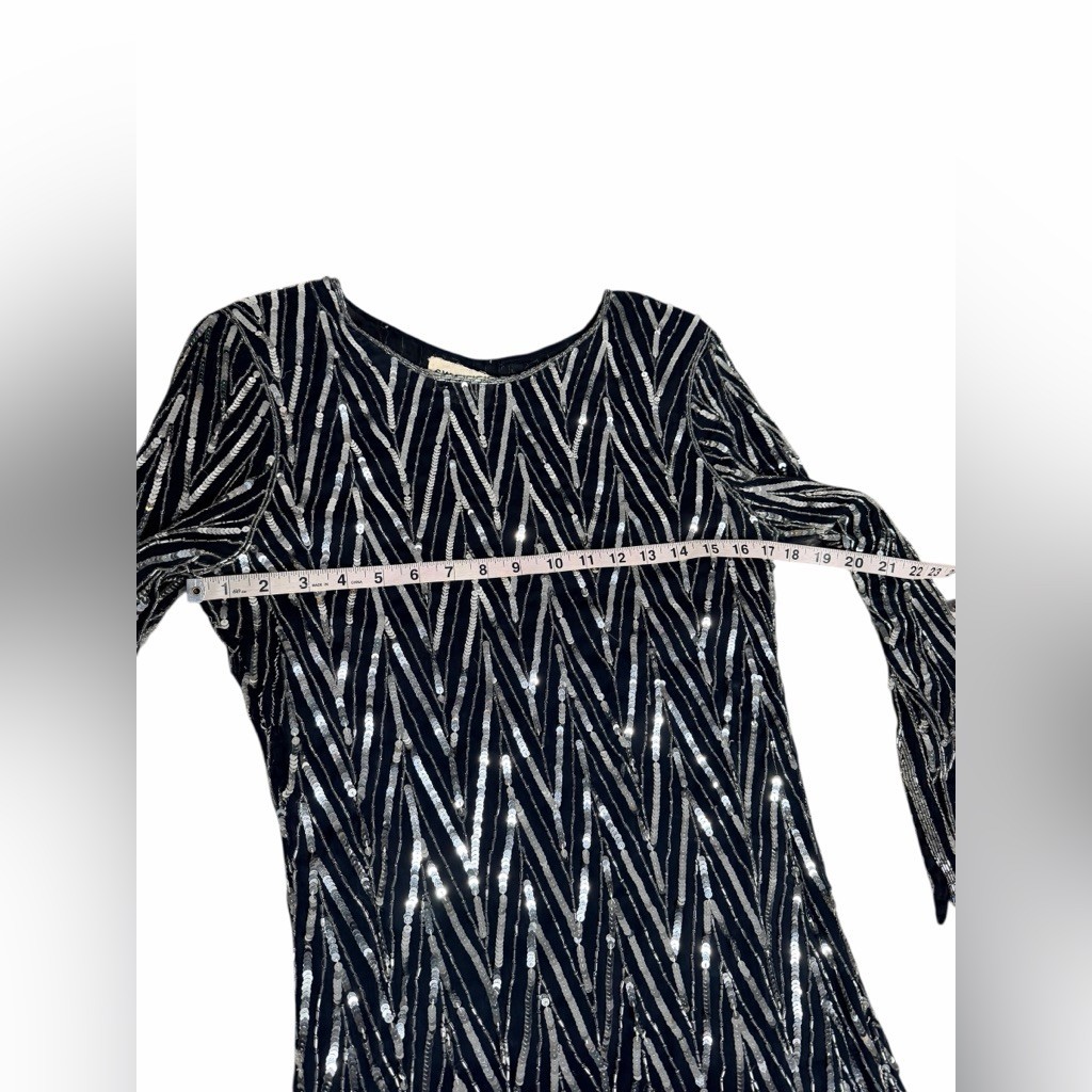 VTG 80s Sweelo Beaded Silk Dress Black Silver Extravagant Sequin Chevron Size M