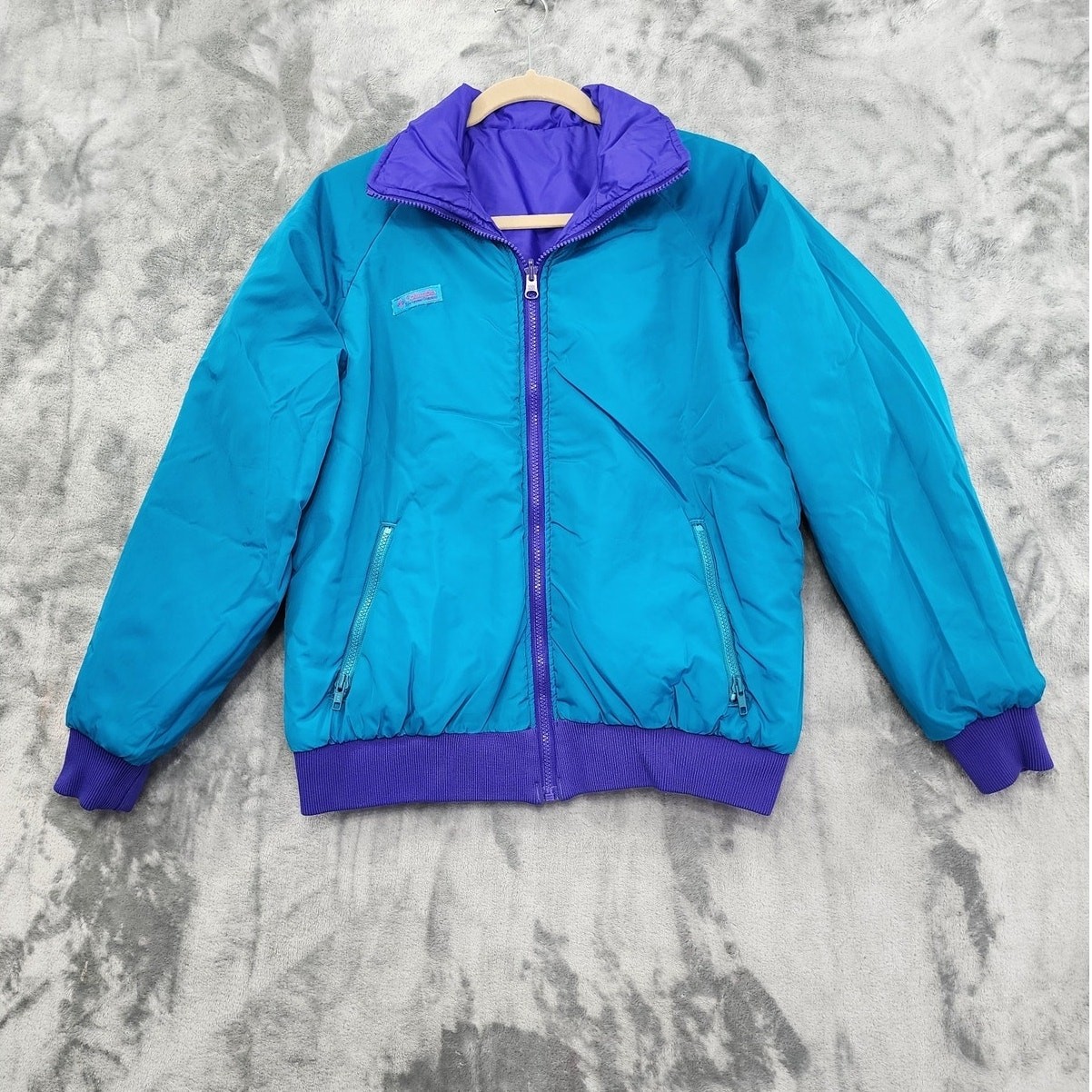 Vintage Columbia Coat Womens XL Blue Purple Reversible Radial Sleeve Puffer Zip
