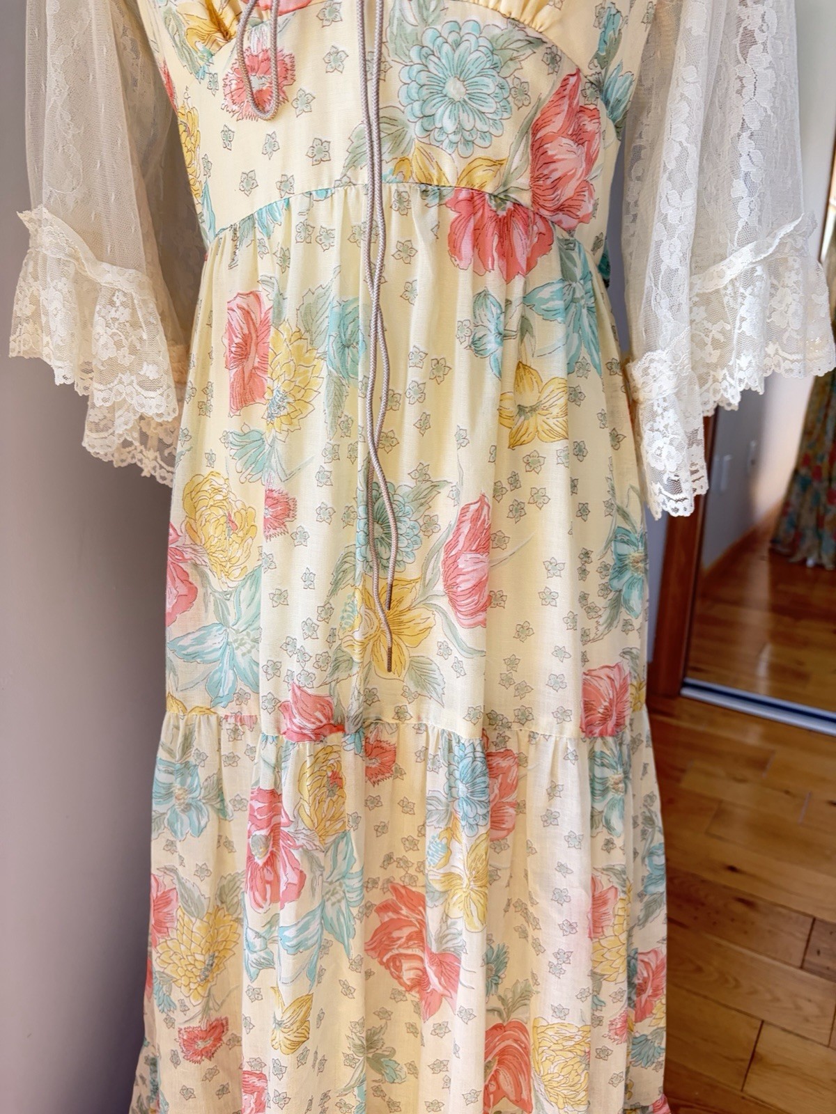 Vintage 70s Long Maxi Prairie Dress Renaissance Cottagecore Fairy Yellow SMALL