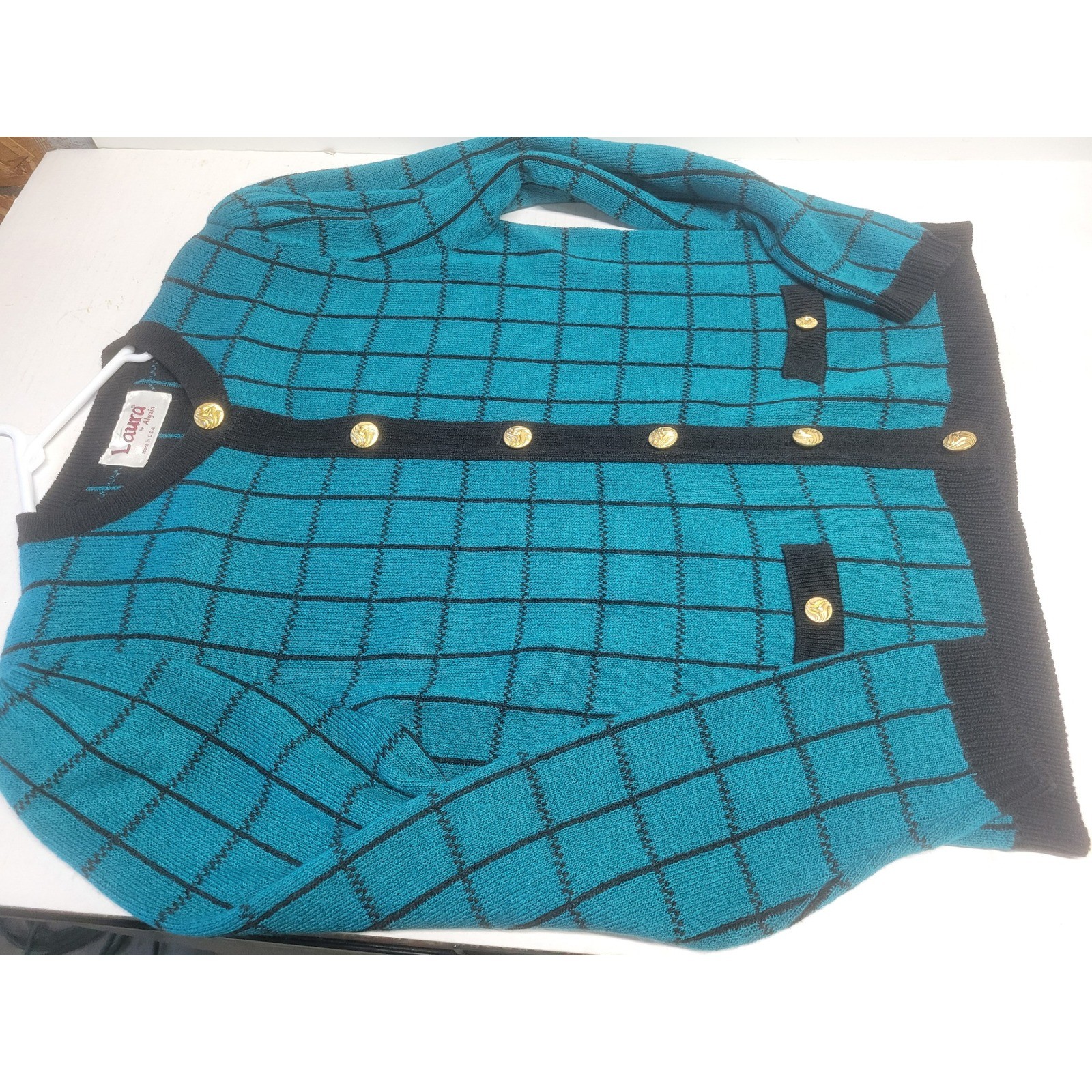 Vintage Laura by Alyzia Teal Black Grid Cardigan Sweater Gold Buttons USA Made
