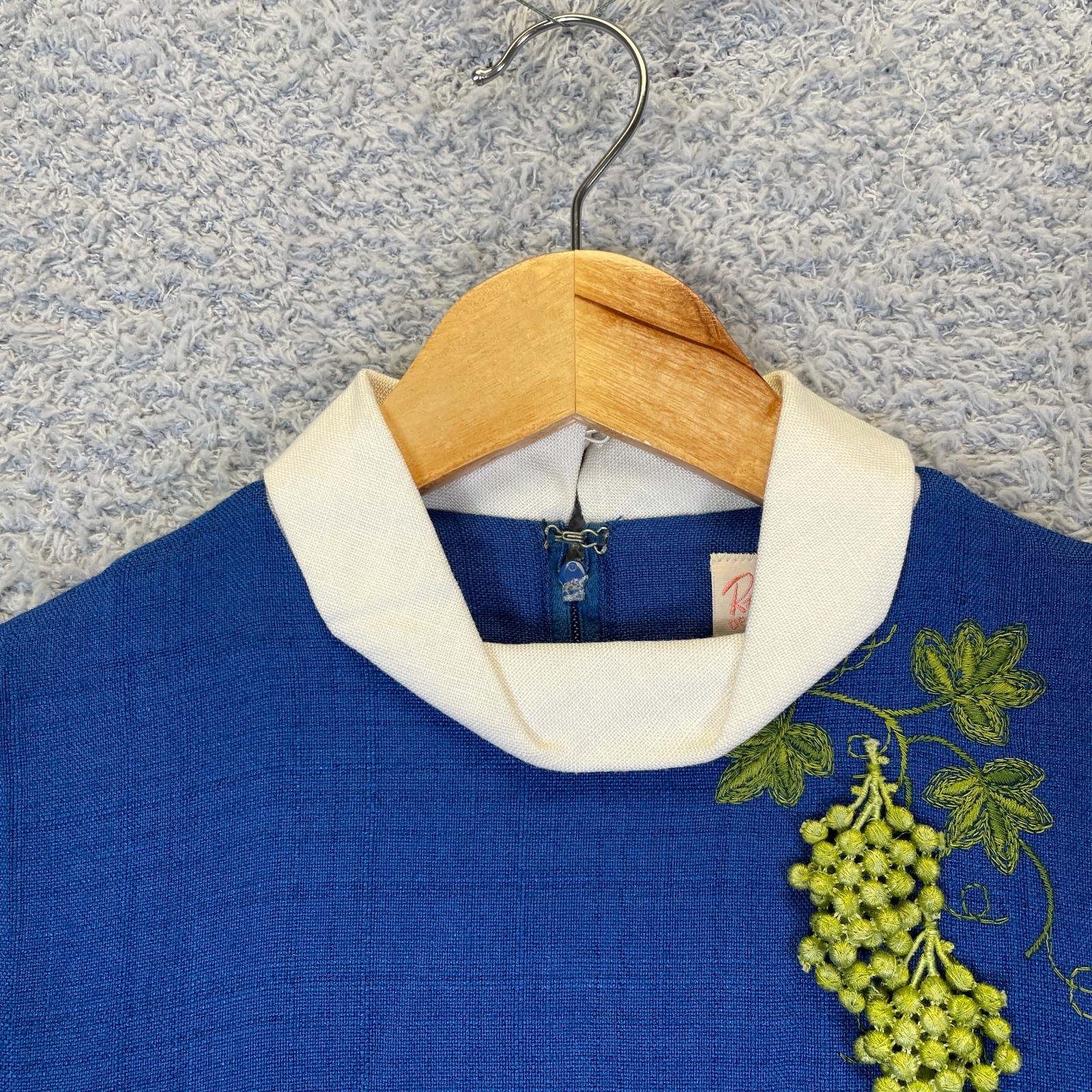 Vintage 1960s Ruth of Carolina Cobalt Mod Dress Embroidered Grapes A-Line XS