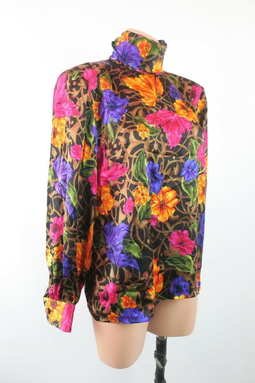Rickie Freeman Silk Blouse Floral Turtleneck Button Abstract Teri Jon VTG
