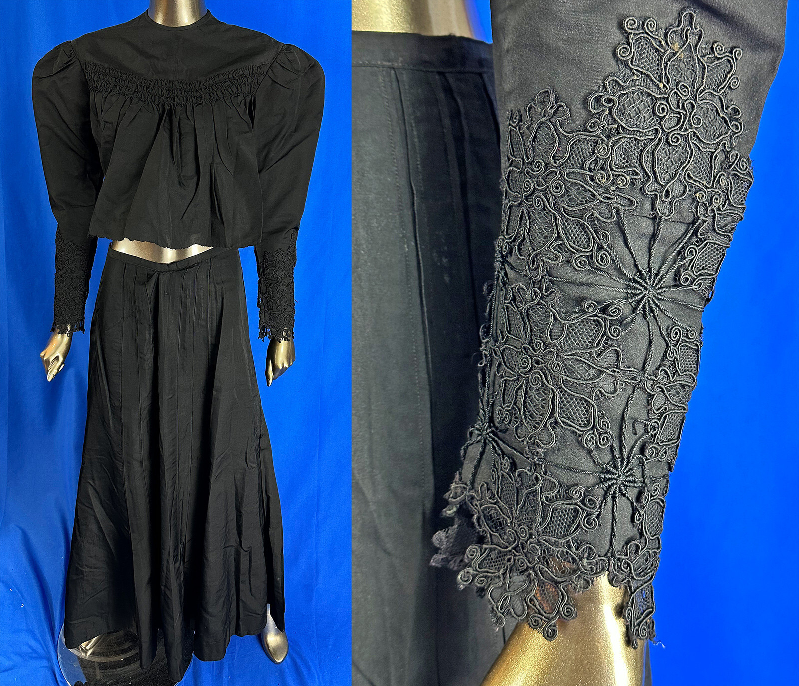 Victorian Black Silk Lace Trim Leg of Mutton Sleeve Bodice Skirt Mourning Dress