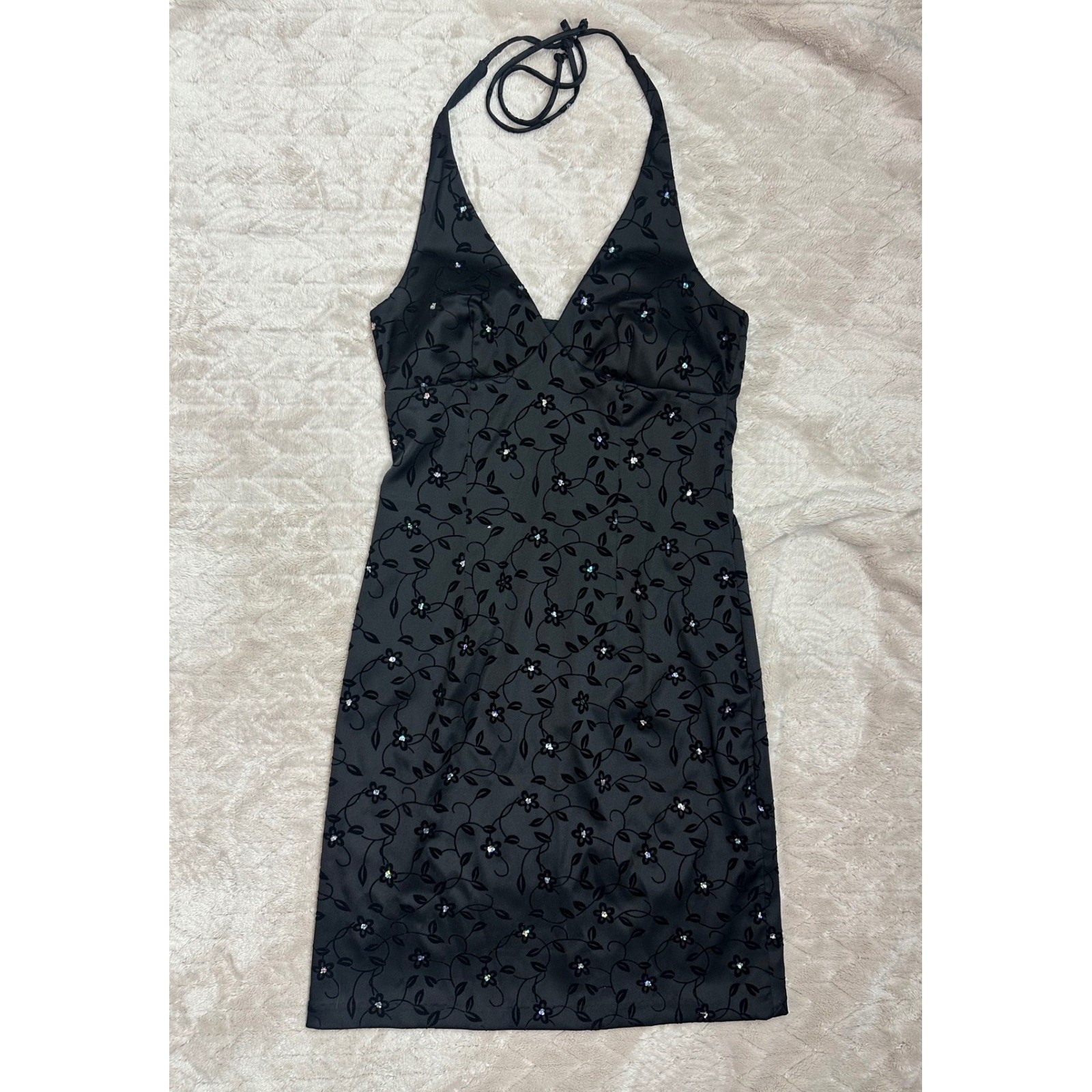 City Triangles Vintage Y2K Black Flocked Floral Rhinestone Halter Dress Sz 9/10