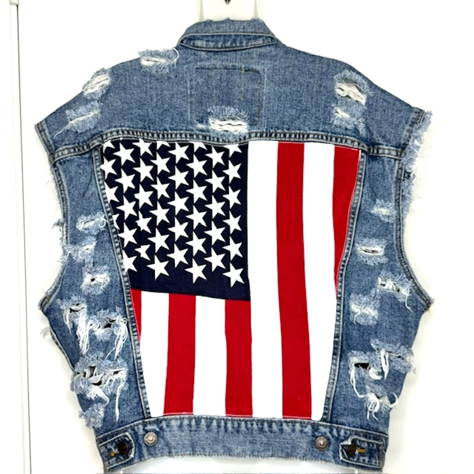 FURST OF A KIND FOAK VINTAGE UPCYCLE DENIM VEST AMERICAN FLAG SIZE XXL UNISEX