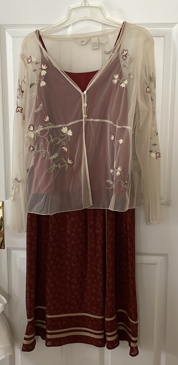 JJill Size L Skirt, Paprika Spice/Cream Ribbon Calico Print Boho Hippie Prairie