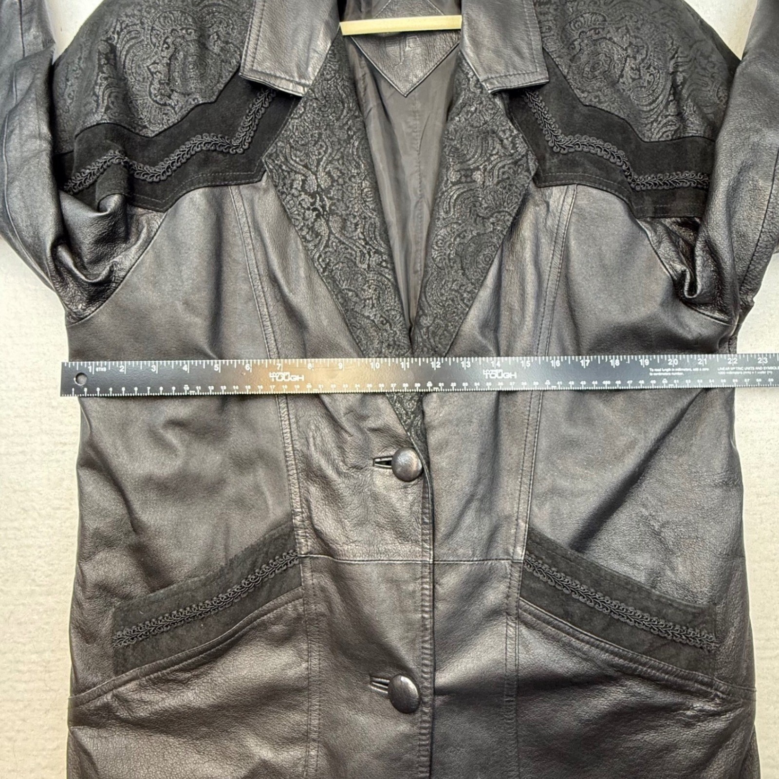 JF Leather Trench Coat Womens Medium Black VTG Retro 90s Lace Trim Western