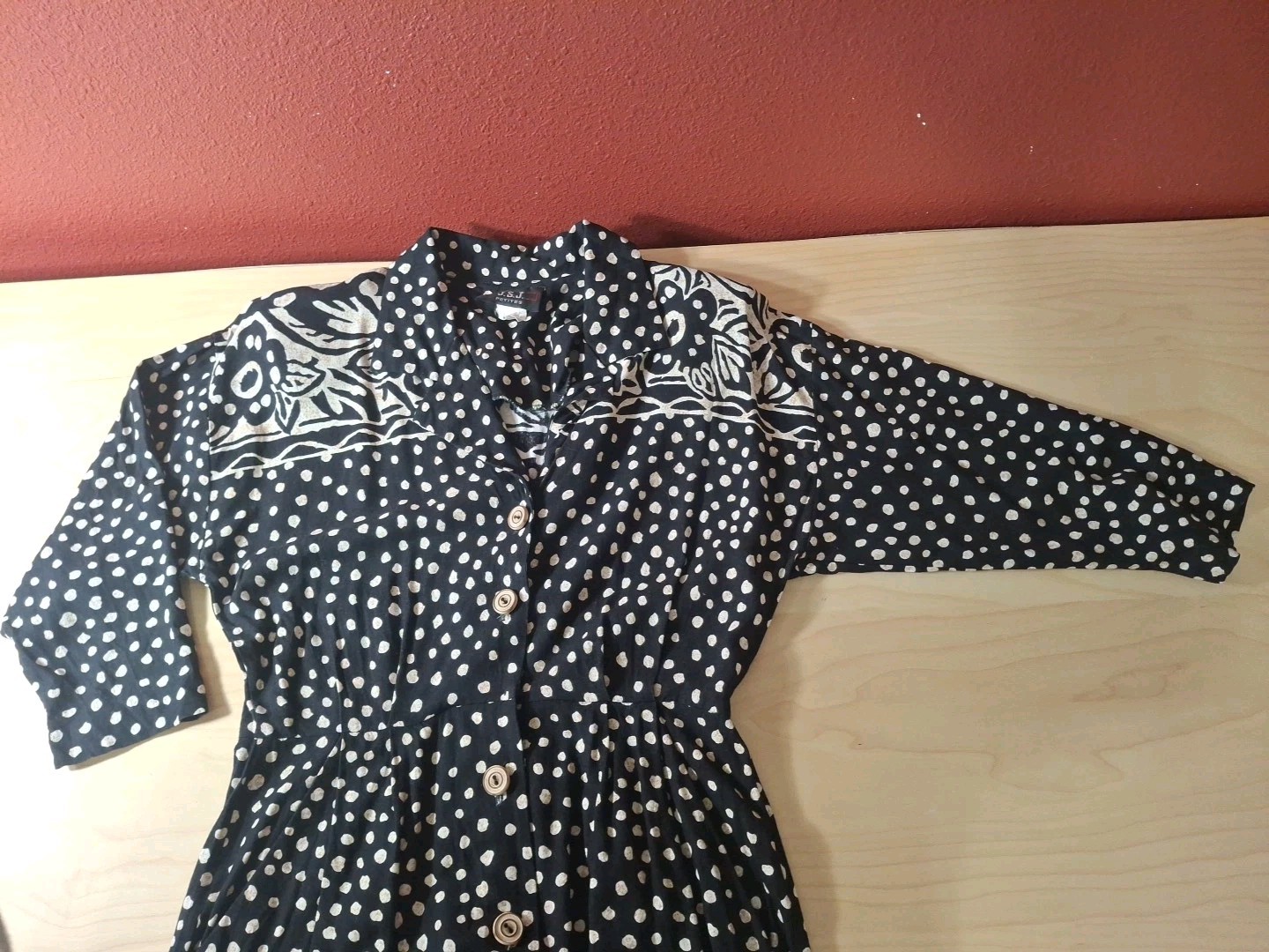 Vtg 80-90s JSJ Petite Button Up Sheath Pencil Dress Midi Black Polka Dot Rayon S