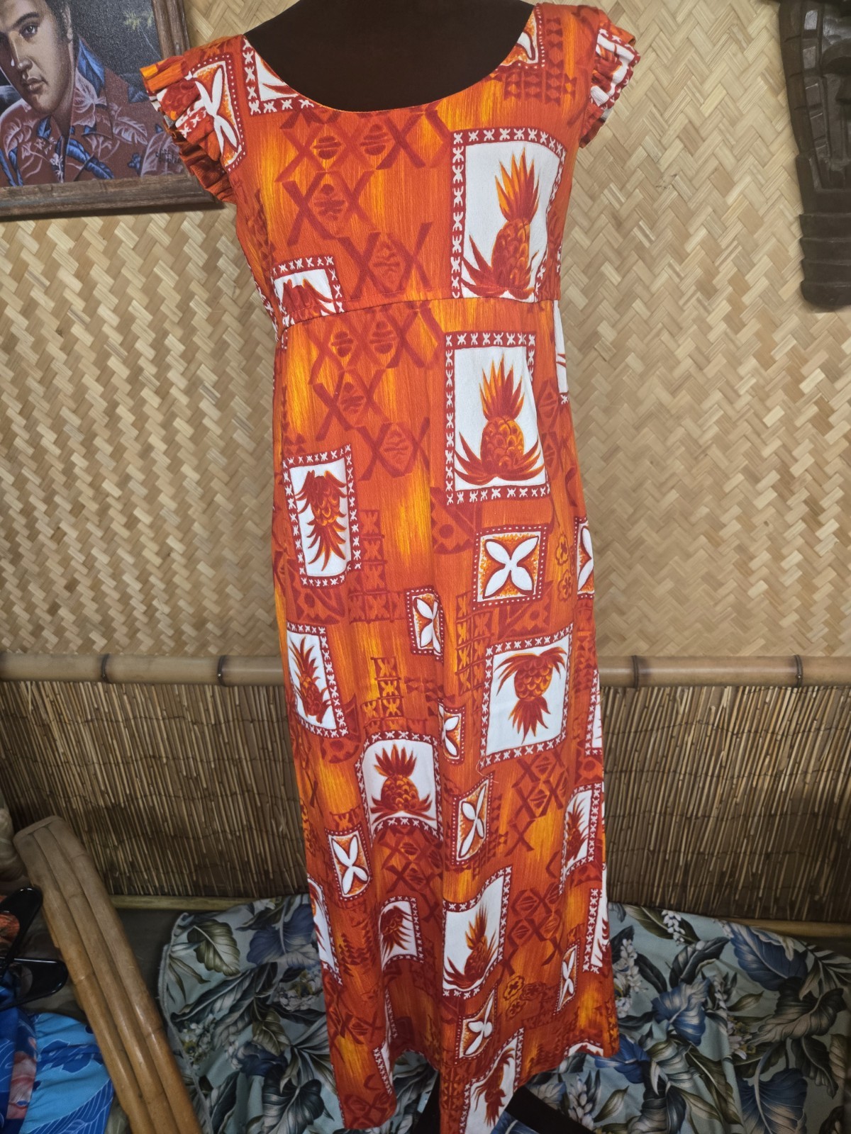 Vintage Hukilau Fashions Barkcloth Hawaiian Aloha Maxi Dress Floral Print w1034