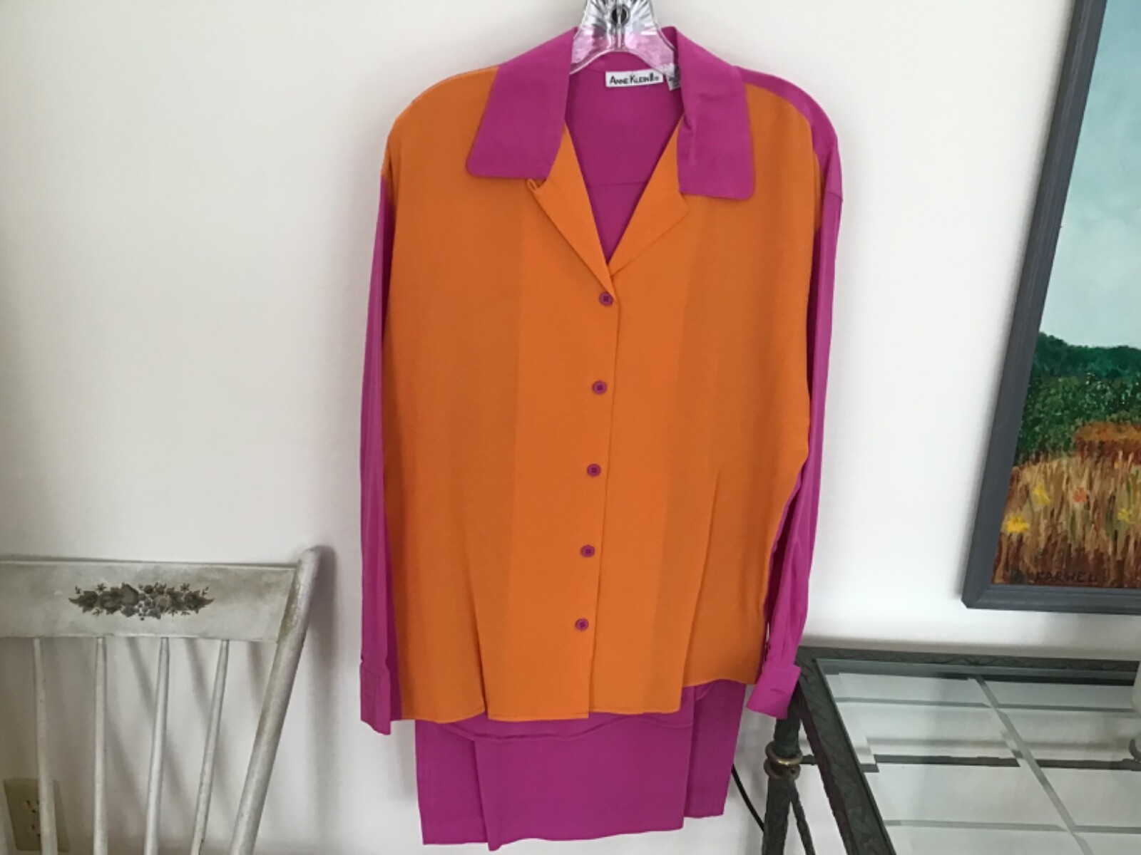 Vtg ANNE KLEIN II Silk Blouse Size 6 Skirt Size – 8 Hot Pink Orange Color Block