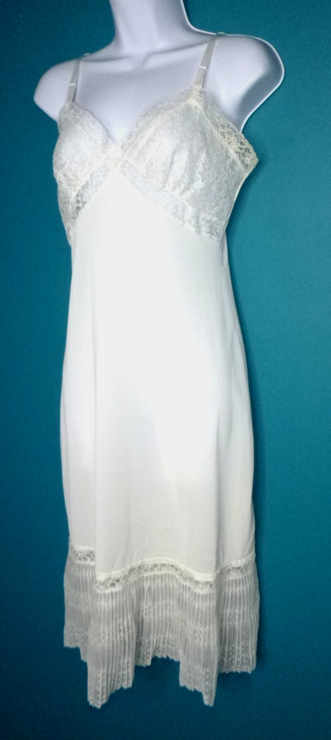 Vtg 50s Jean Vernon Fancy Off White Full Slip Lace Trim Pleated hem Sz S