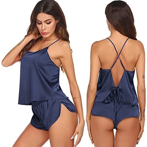 Silk Pajamas Set for Women Satin Backless Lingerie Pjs Cami Medium Navy Blue
