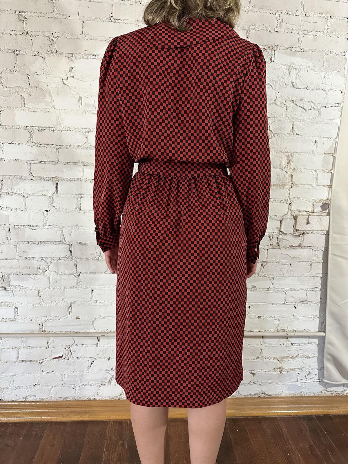 Vintage Albert Nipon Executive Dress 80’s Secretary Red Black Checkerboard S/M
