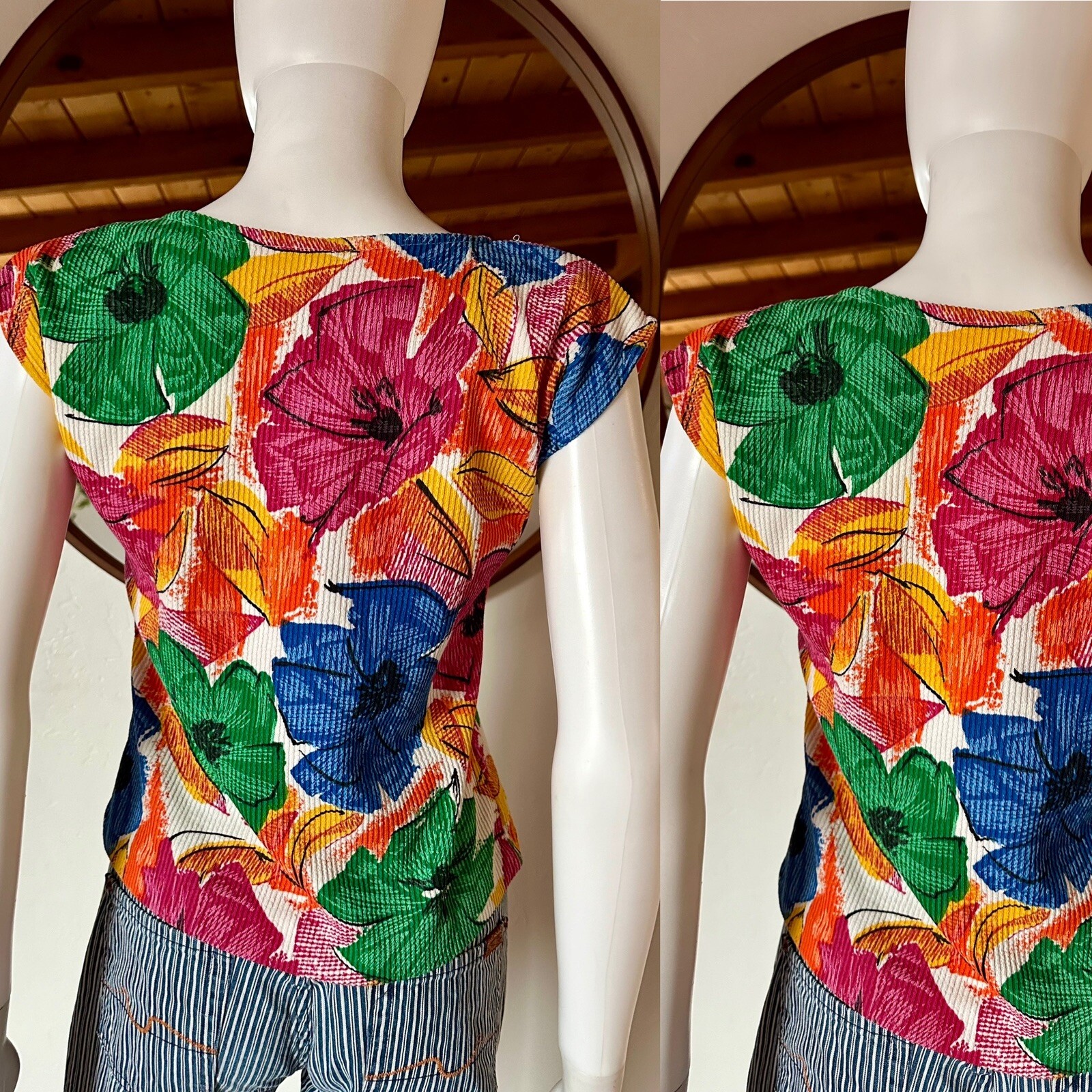 VTG 70’S IRRESISTIBLE II TROPICAL COLORFUL FLORAL PRINT CAP SLEEVE TOP S-M