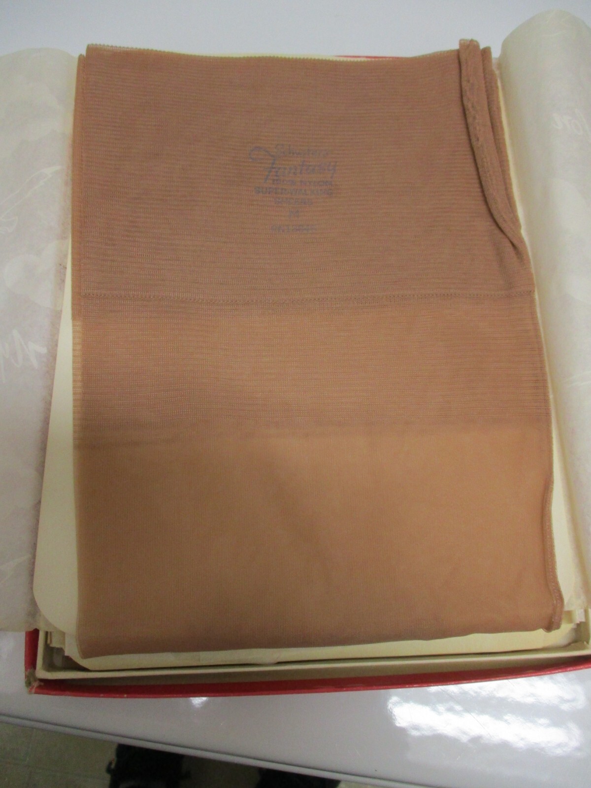 1PR VINTAGE FANTASY SEAMED SHEER FULL FASHION NYLON STOCKINGS SZ 9 1/2 M BEIGE