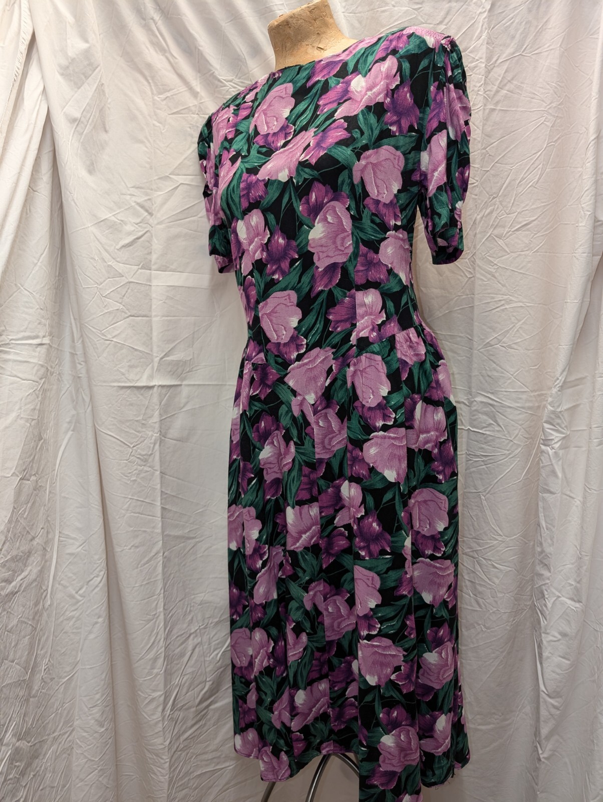 1980’s Black Purple Green White Rayon Dress by Country Romance Size 7/8