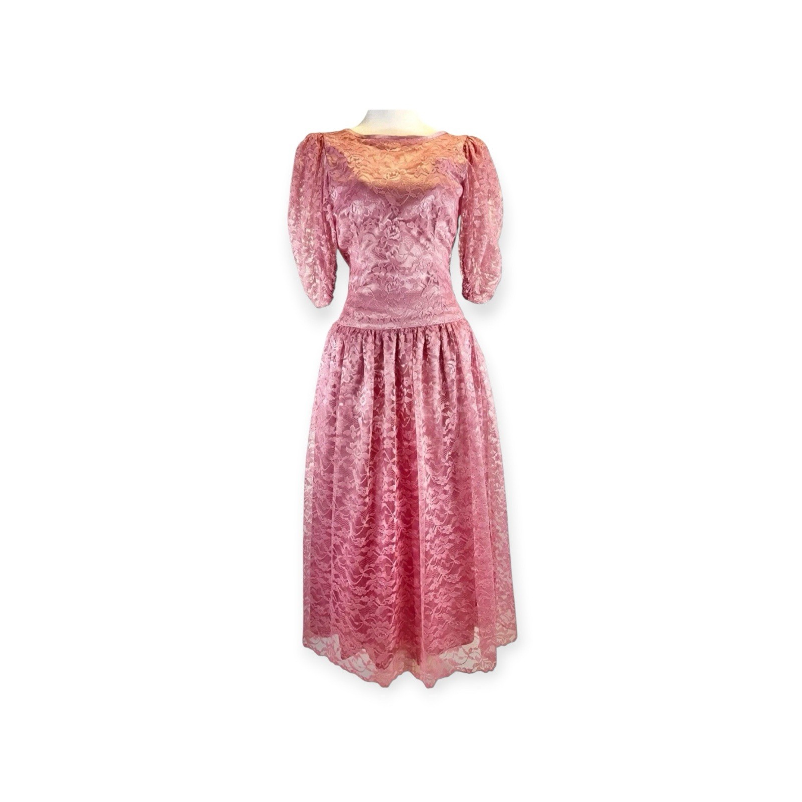 VINTAGE 1980s PRETTY PINK LACE NEW WAVE PUFF SLEEVE PROM PARTY DRESS VICTORIAN
