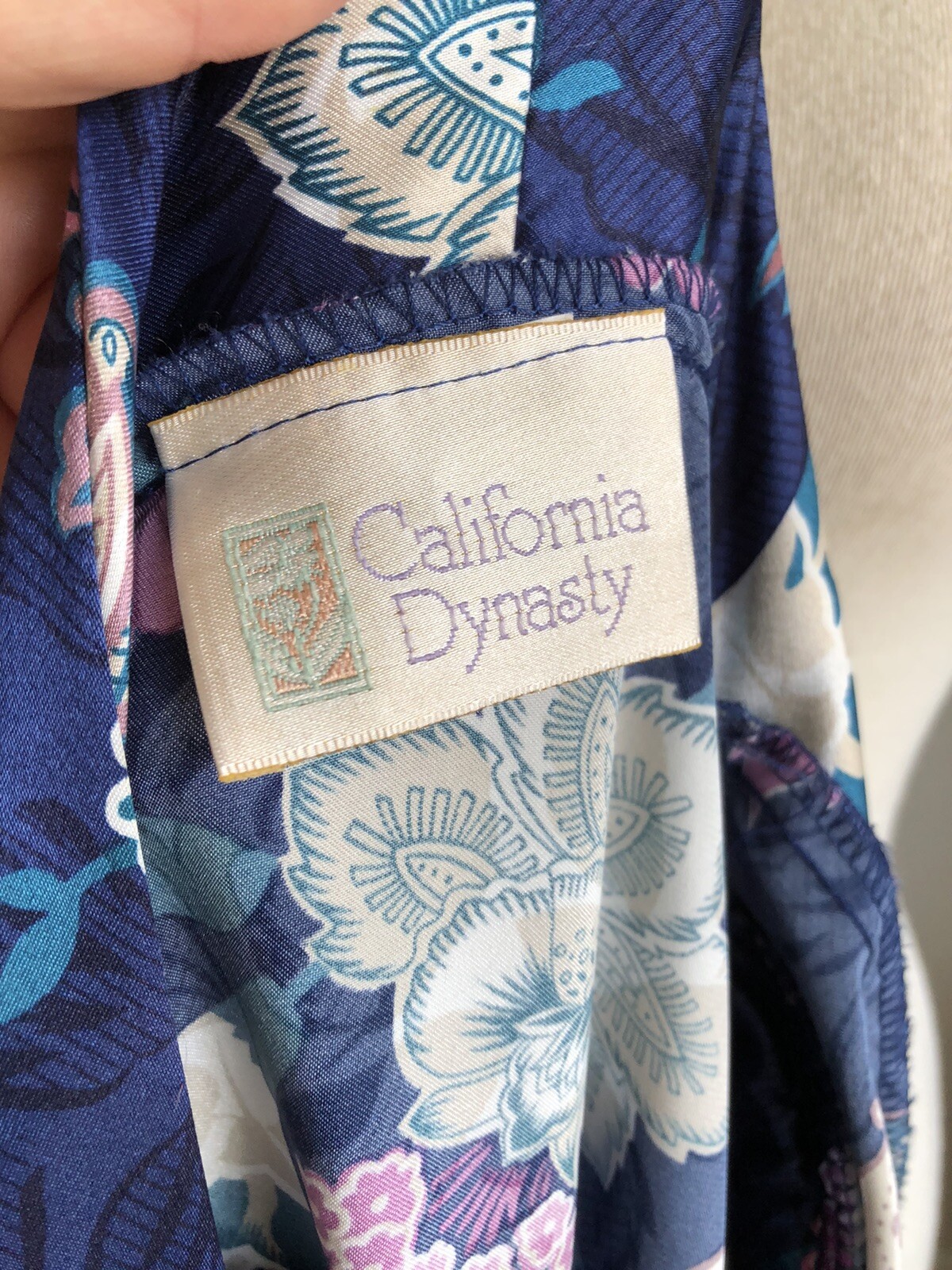 STUNNING VTG CALIFORNIA DYNASTY Blue Floral Silky Satin Robe Dressing Gown S/M