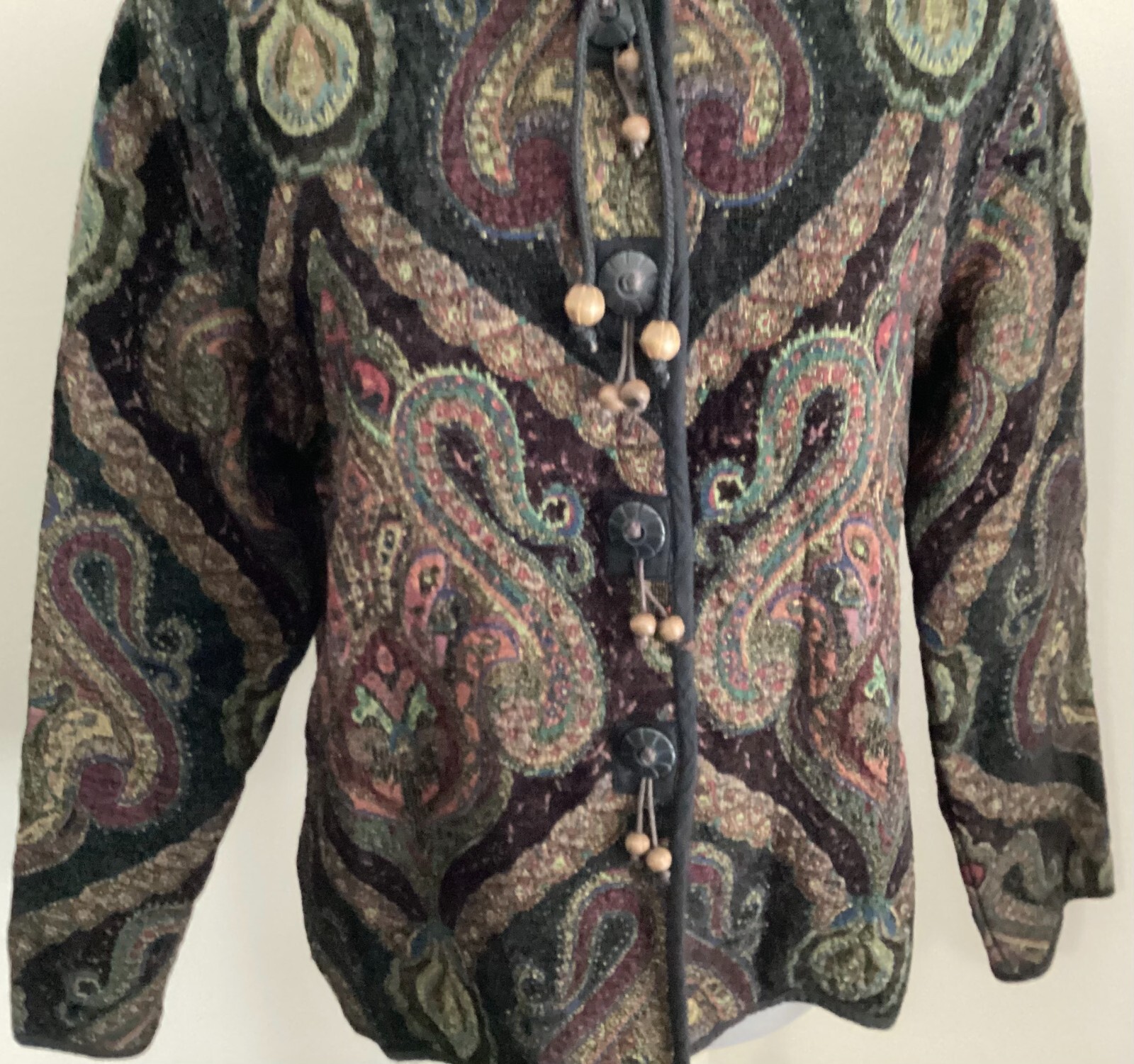 VTG Flashback jacket paisley woven jacquard BOHO wood bead buttons pockets