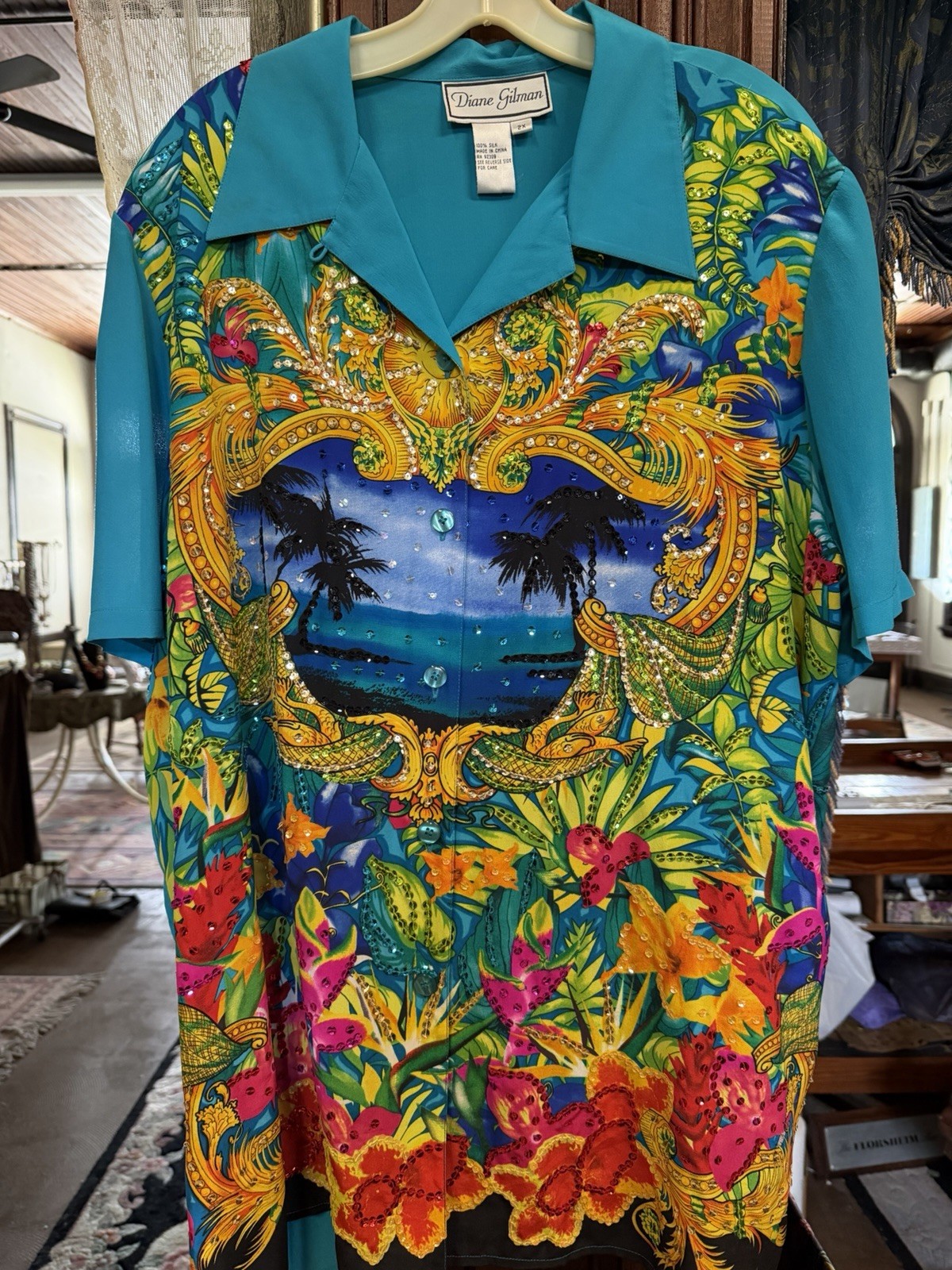 Diane Gilman 2X 100% Silk Tropical Sequin Blouse Embellished Resort Wear