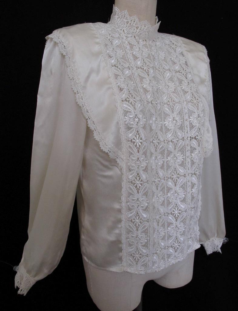 Vintage 80s 90s San Andre Ivory Romantic Blouse 6 S Lace Silky Liquid Satin
