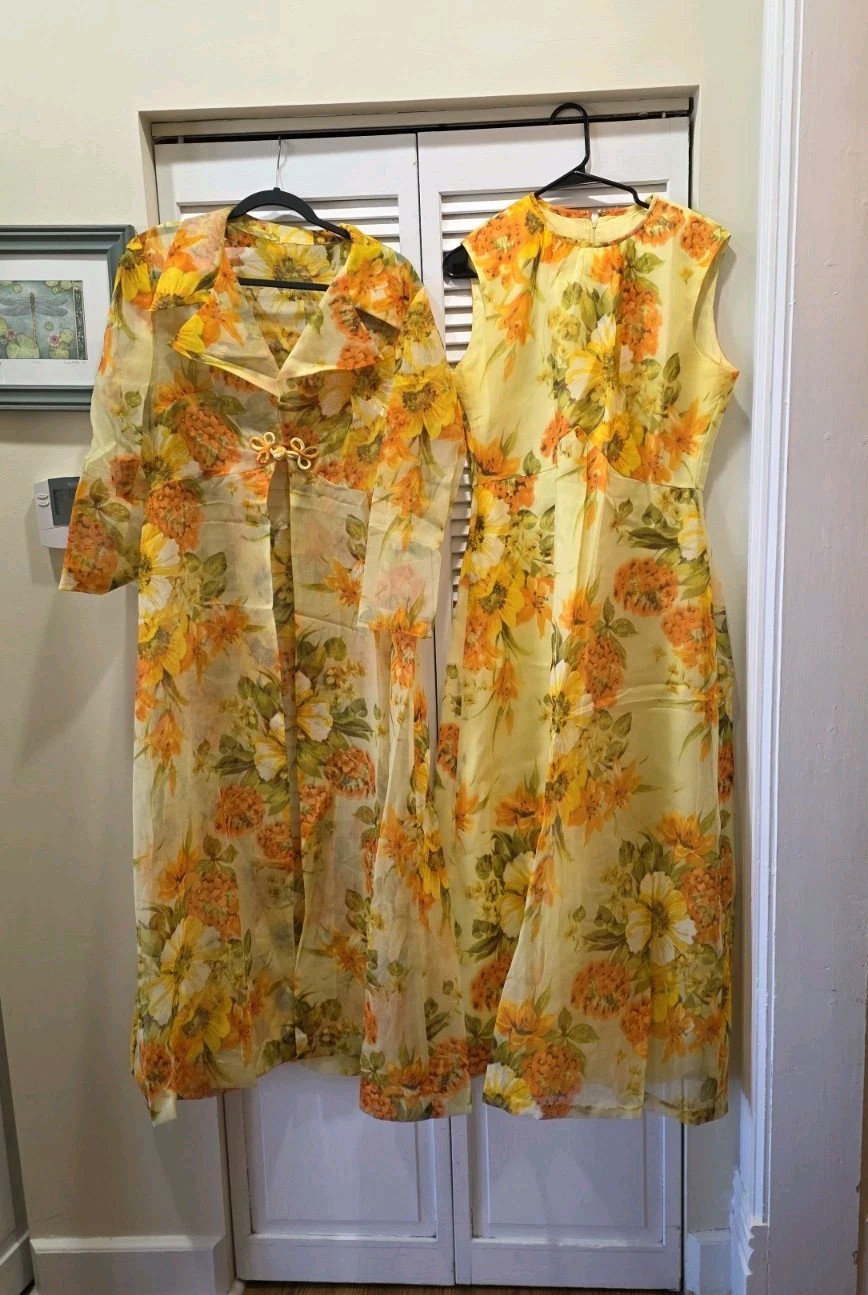 Vintage John Lane Dress & Sheer Robe Size 18 classic 60s 70s yellow orange green