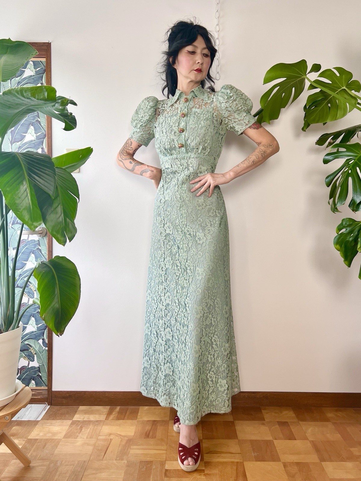 1930s Seafoam Green Floral Sheer Lace Puff Sleeves Gown Dress XS/S Old Hollywood