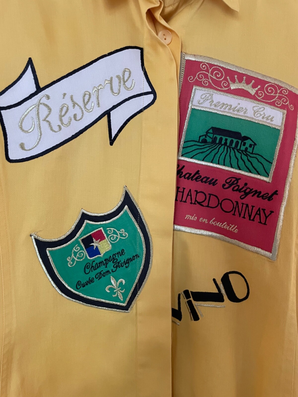 Rare Vintage Multi Motif French Wine Patches Designer Yellow Women’s Shirt – S