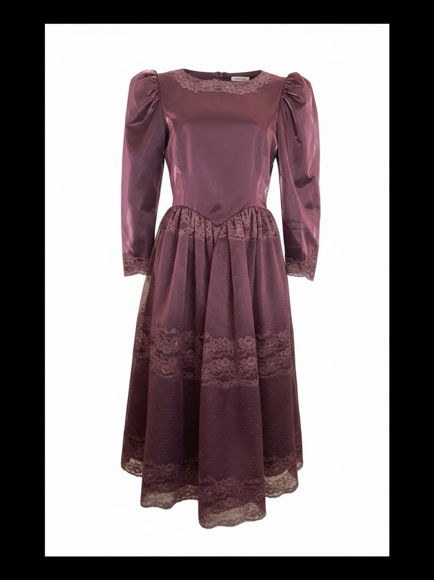 Vintage 80s Iridescent Purple Satin Lace Dress Size S M