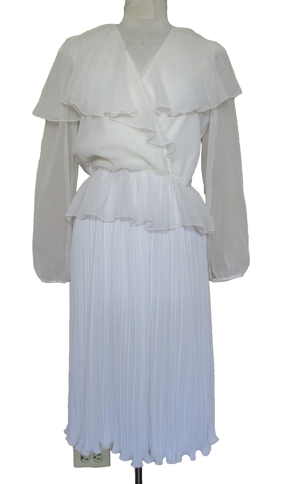 Vtg 80’s Lizzy & Johnny By Lucero Peplum Dress White Chiffon Pleated S/M Women