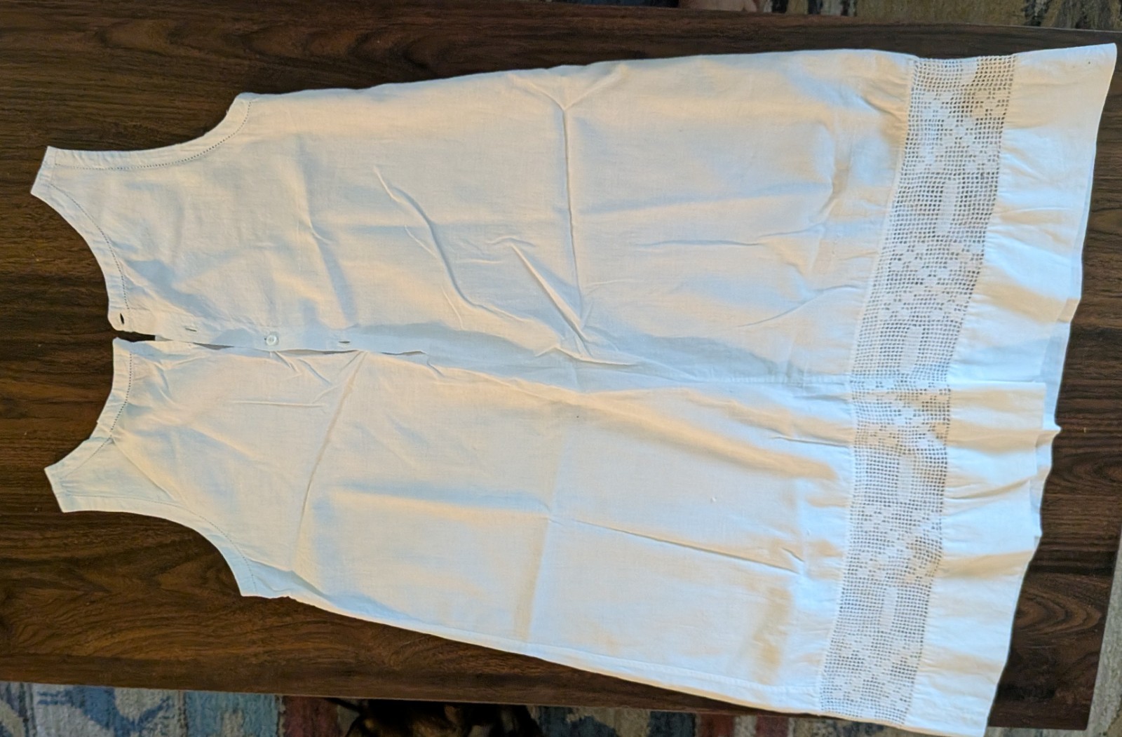 Antique Girl’s White Cotton Dress Filet Crochet Inset Sleeveless c1915-1925