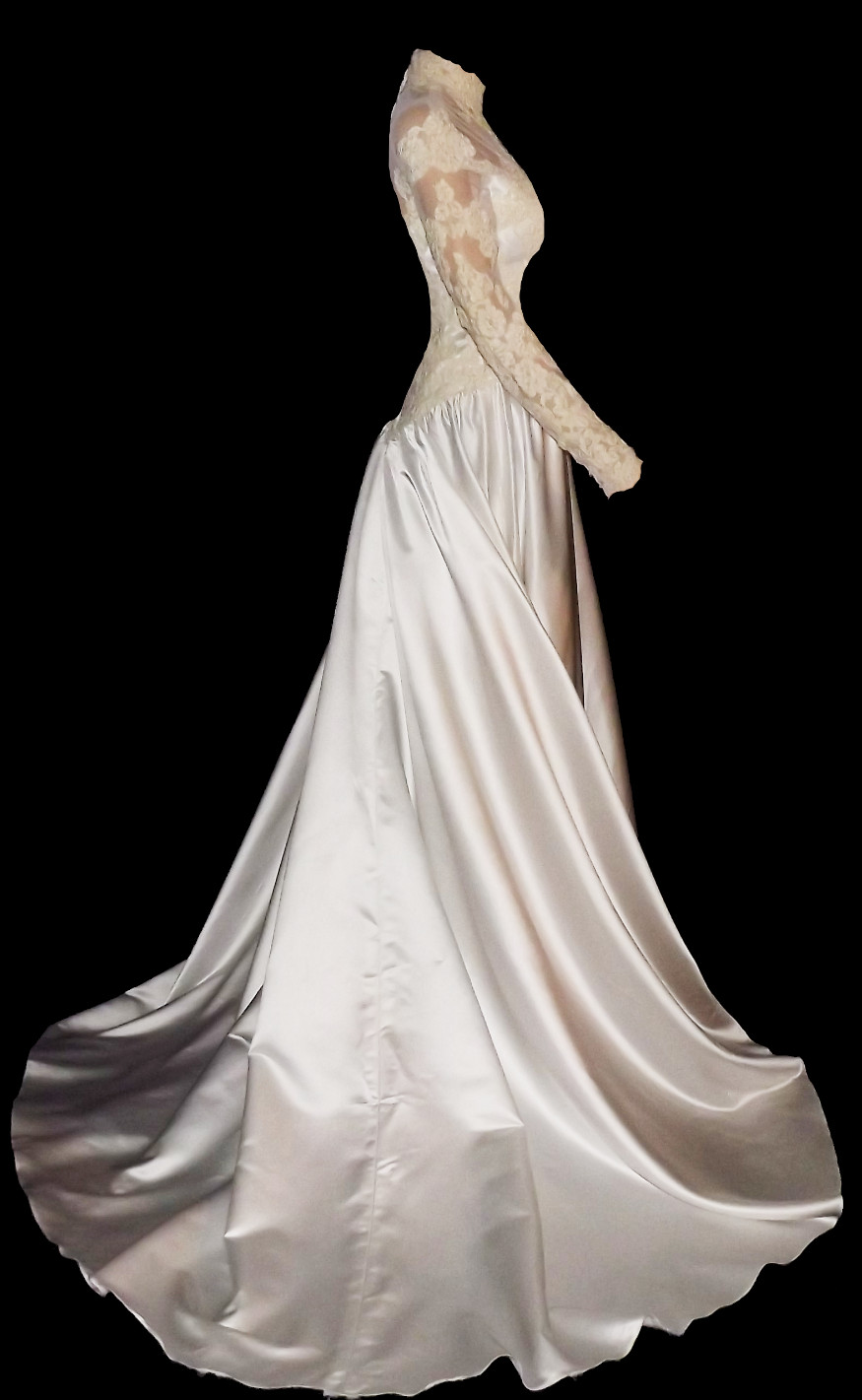Liquid Satin Silk Wedding Dress Illusion Lace Ivory A-Line Bridal Gown